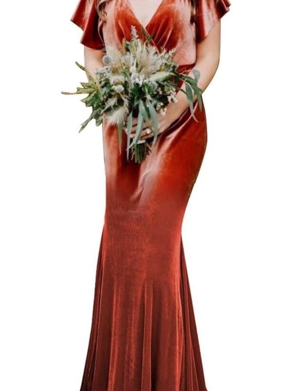 Amazon Rust Velvet V-Neck Flutter Sleeve Bridal Gown